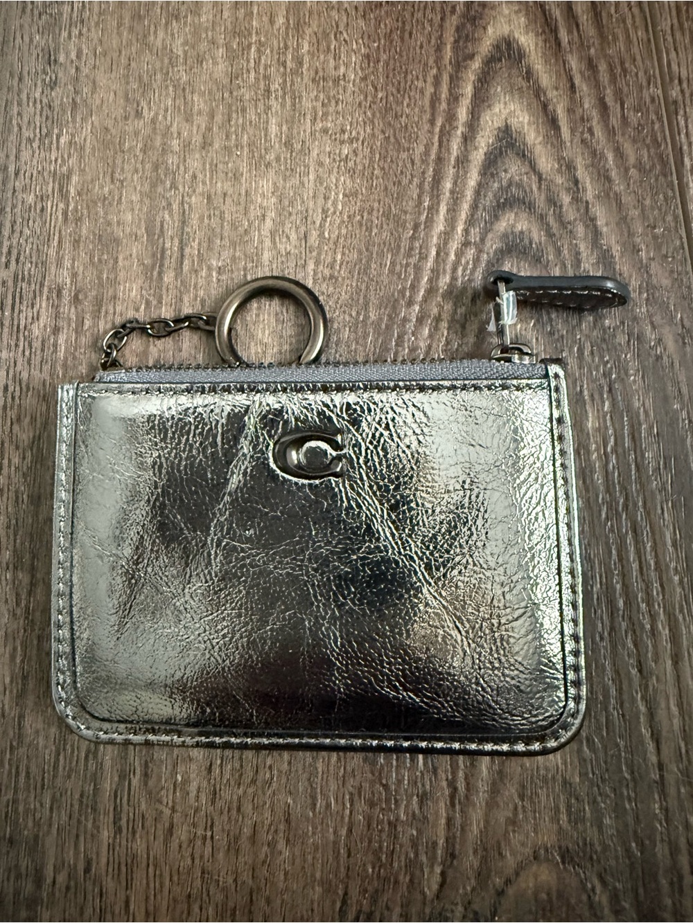 Coach Metallic Silver Card ID Holder with Zip and Keyring